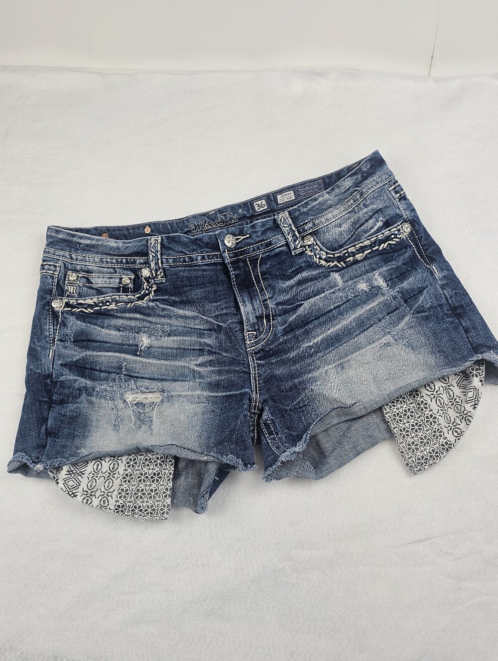 Miss Me Easy Jean Shorts Size 36 Bedazzled Jeweled Distressed Flap Pockets